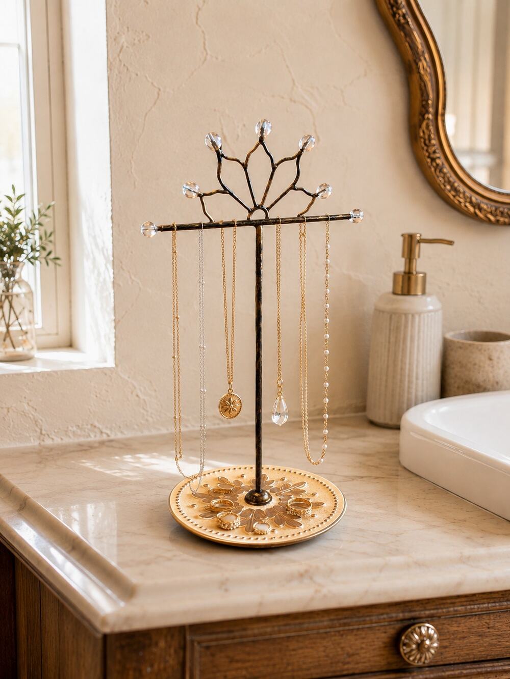 Vintage Metal Jewelry Stand with Tray Crystal Accent Necklace Holder Ring Holder